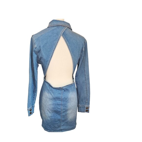 FashionNova Distressed Denim Shirt Dress with Open Back – Size Large - Picture 2 of 4